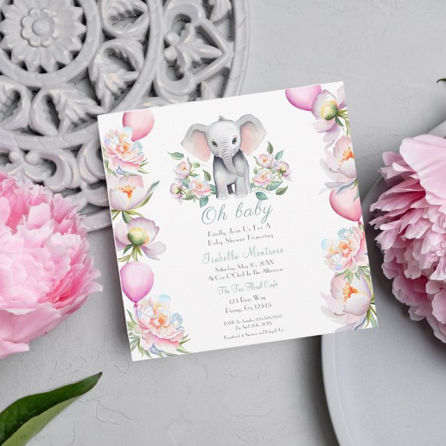 Baby Elephant With Peonies & Balloons Baby Shower Invitation (This invitation also comes in this design with full coordinating party decorations.)