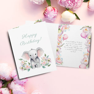 Baby Elephant With Peonies & Balloons Birthday Card