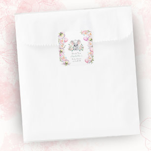 Baby Elephant With Peonies & Balloons Thank You Square Sticker