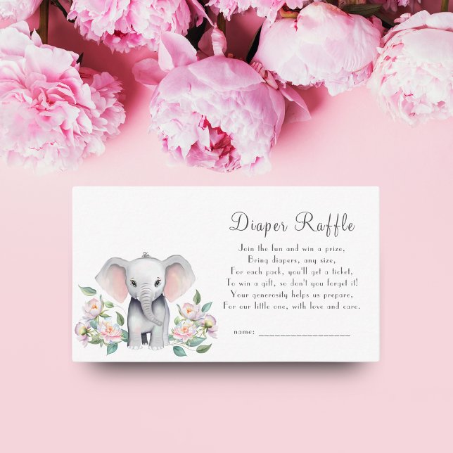 Baby Elephant With Peonies Diaper Raffle Enclosure Card (Win sweet surprises: Baby Elephant, Peonies & Diaper Raffle Enclosure!)