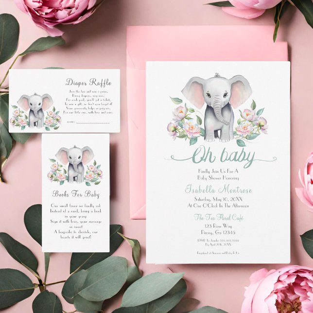 Baby Elephant With Peonies, Eucalyptus Baby Shower Invitation (This charming invitation will delight your guests with a baby elephant surrounded by peonies.)