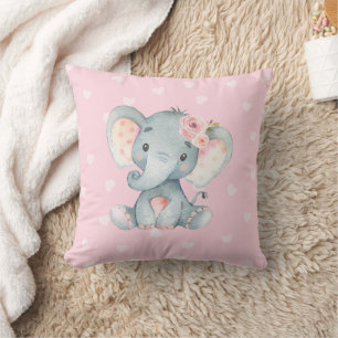 Baby Elephant with pink heart background Cushion