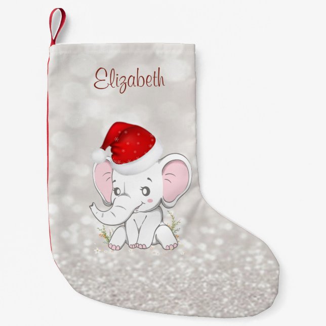 Baby Elephant With  Santa Hat ,Glittery Bokeh Small Christmas Stocking (Front)