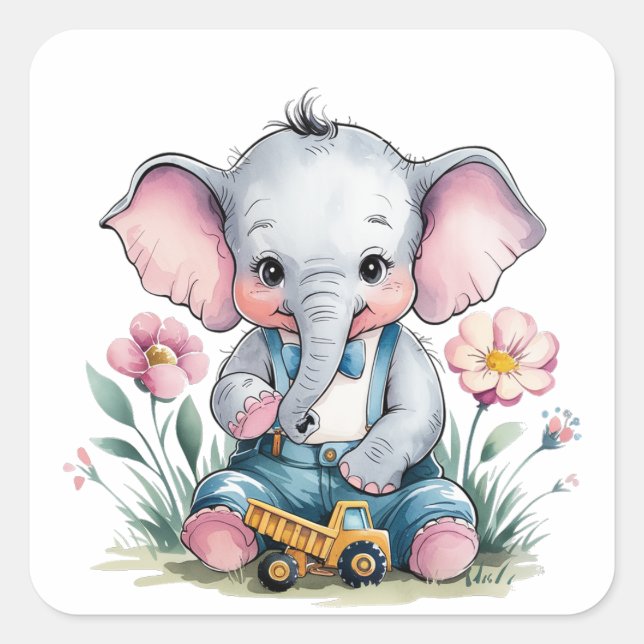 Baby Elephant with Truck Baby Shower Square Sticker (Front)