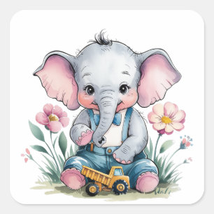 Baby Elephant with Truck Baby Shower Square Sticker