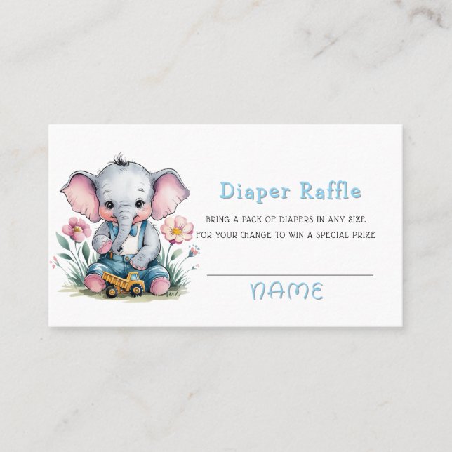Baby Elephant with Truck Boy Diaper Raffle Business Card (Front)