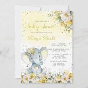 Baby elephant & yellow flowers girl baby shower. invitation