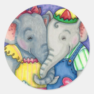 BABY ELEPHANTS FIRST LOVE, CUTE PACHYDERM FRIENDS CLASSIC ROUND STICKER