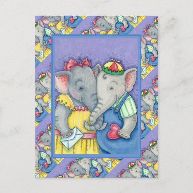 BABY ELEPHANTS FIRST LOVE, CUTE PACHYDERM FRIENDS HOLIDAY POSTCARD (Front)