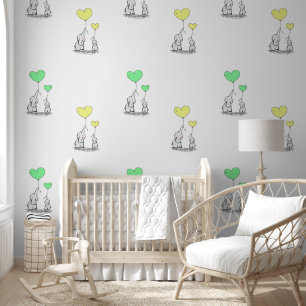 Baby Elephants Green Yellow Heart Balloons Design Wallpaper