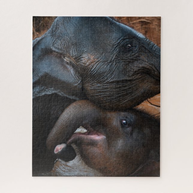 Baby Elephants in Water Smiling Jigsaw Puzzle (Vertical)