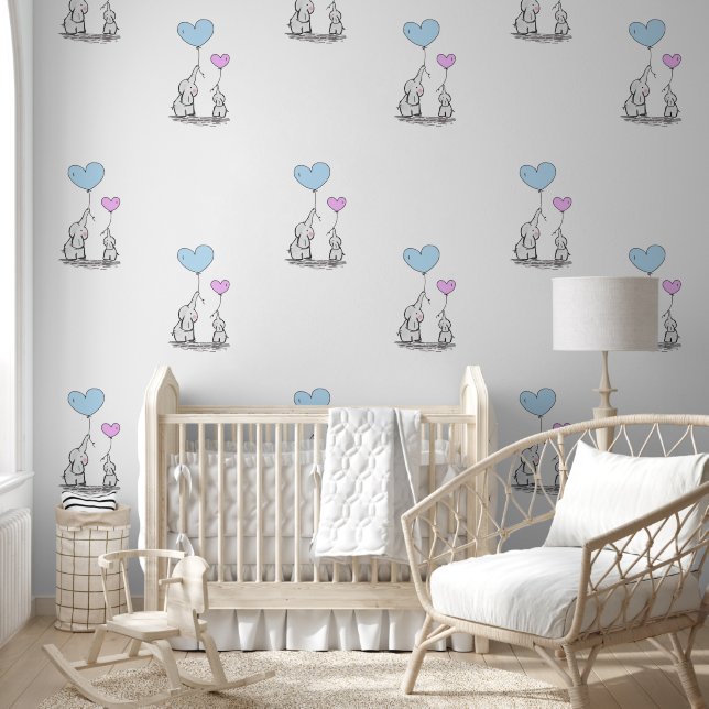 Baby Elephants & Pink Blue Heart Balloons Design Wallpaper (Kids)