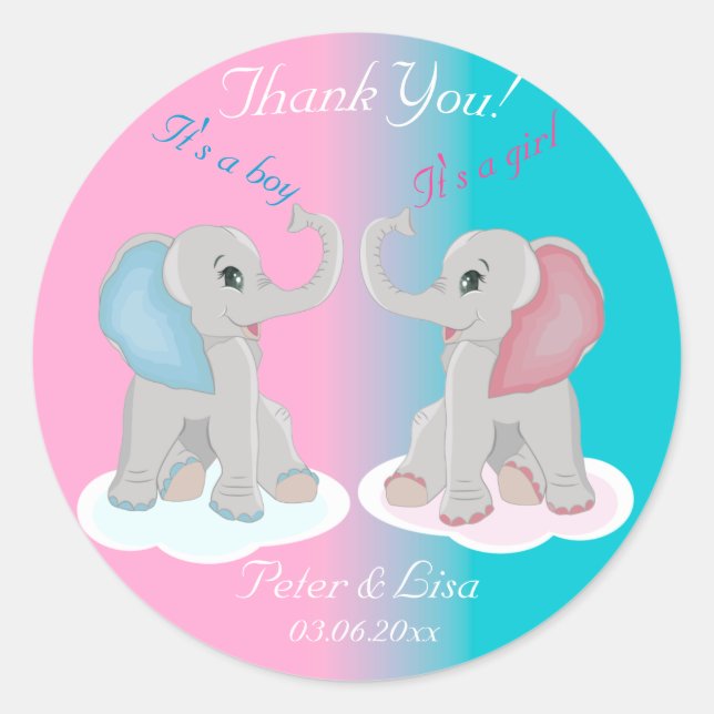 Baby Elephants Thank you Gender Reveal Baby Shower Classic Round Sticker (Front)