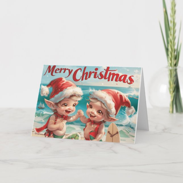 Baby Elves Beach Christmas Digital Art Holiday Card (Front)