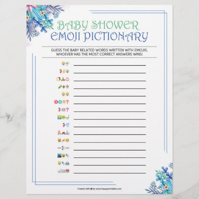 Baby Emoji Pictionary [Blue Floral] Custom Letterhead (Front)