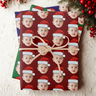 Baby Face Funny Custom Photo Santa Hat Christmas Wrapping Paper Sheet