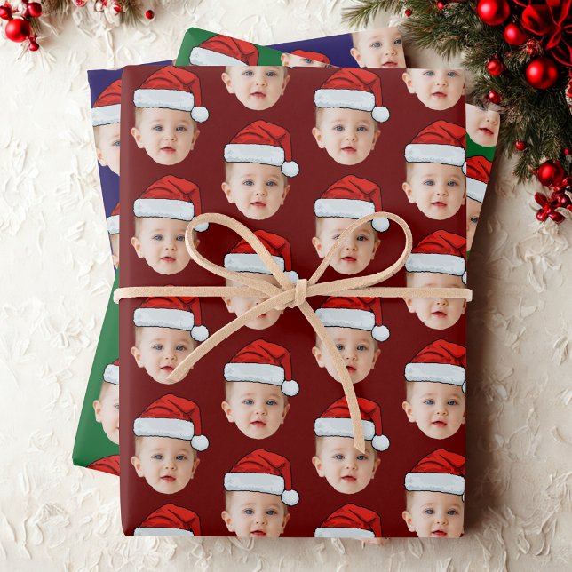 Baby Face Funny Custom Photo Santa Hat Christmas Wrapping Paper Sheet (Creator Uploaded)