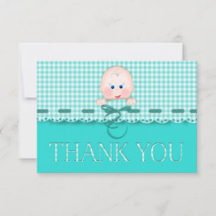 Baby Face on Teal Gingham with Scallop Border Thank You Card