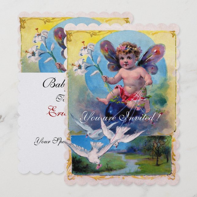 BABY FAIRY FLYING WITH DOVES INVITATION (Front/Back)