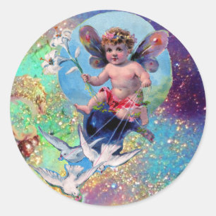 BABY FAIRY WITH DOVES IN SPARKLES blue green Classic Round Sticker