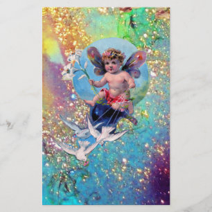BABY FAIRY WITH DOVES IN SPARKLES ,blue green gold Stationery