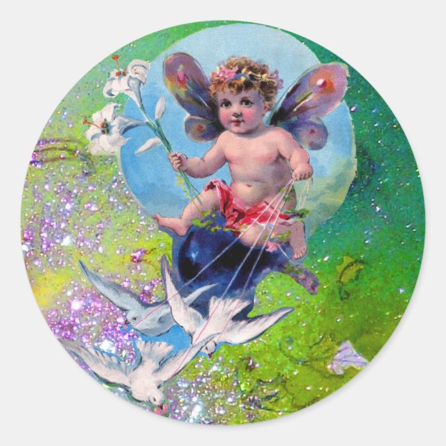 BABY FAIRY WITH DOVES IN SPARKLES blue pink green Classic Round Sticker (Front)