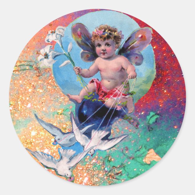BABY FAIRY WITH DOVES IN SPARKLES blue pink green Classic Round Sticker (Front)