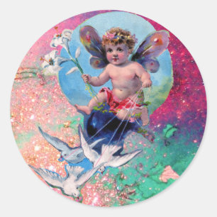 BABY FAIRY WITH DOVES IN SPARKLES blue pink green Classic Round Sticker