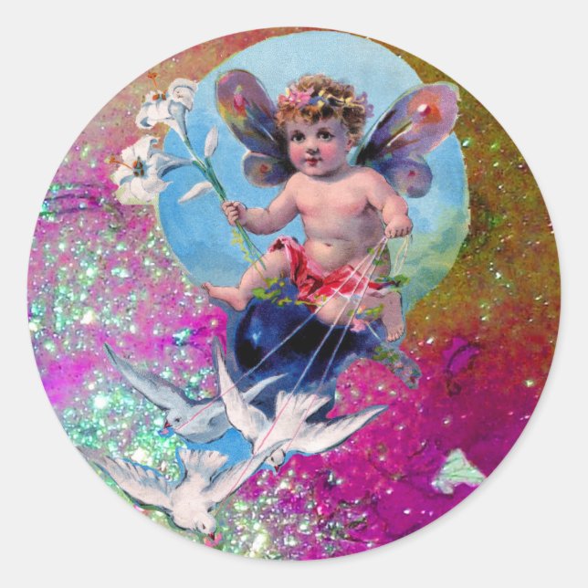 BABY FAIRY WITH DOVES IN SPARKLES blue pink violet Classic Round Sticker (Front)