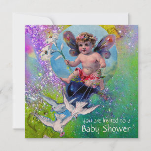 BABY FAIRY WITH DOVES IN SPARKLES Gold Yellow Invitation