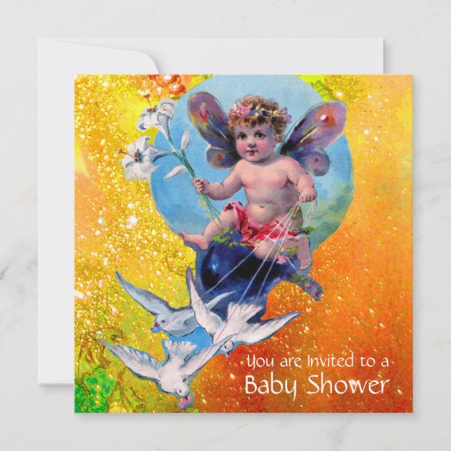BABY FAIRY WITH DOVES IN SPARKLES Gold Yellow Invitation (Front)