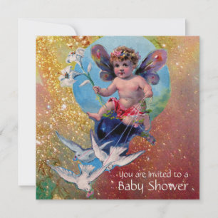 BABY FAIRY WITH DOVES IN SPARKLES Gold Yellow Invitation