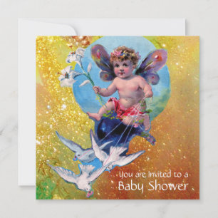 BABY FAIRY WITH DOVES IN SPARKLES Gold Yellow Invitation