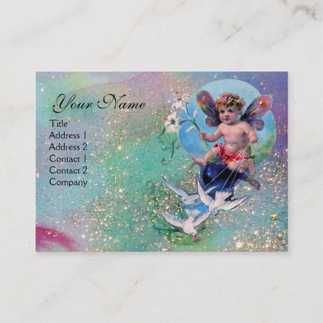 BABY FAIRY WITH DOVES IN SPARKLES green pearl Business Card (Front)