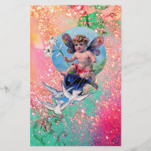 BABY FAIRY WITH DOVES IN SPARKLES pink green gold Stationery