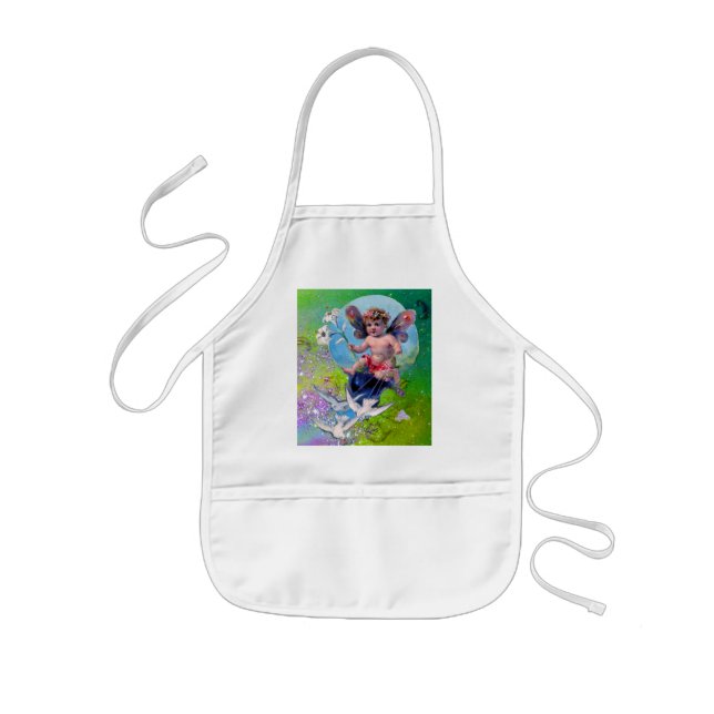 BABY FAIRY WITH DOVES IN SPARKLES violet green Kids Apron (Front)