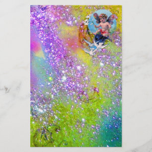 BABY FAIRY WITH DOVES IN SPARKLES ,violet green Stationery