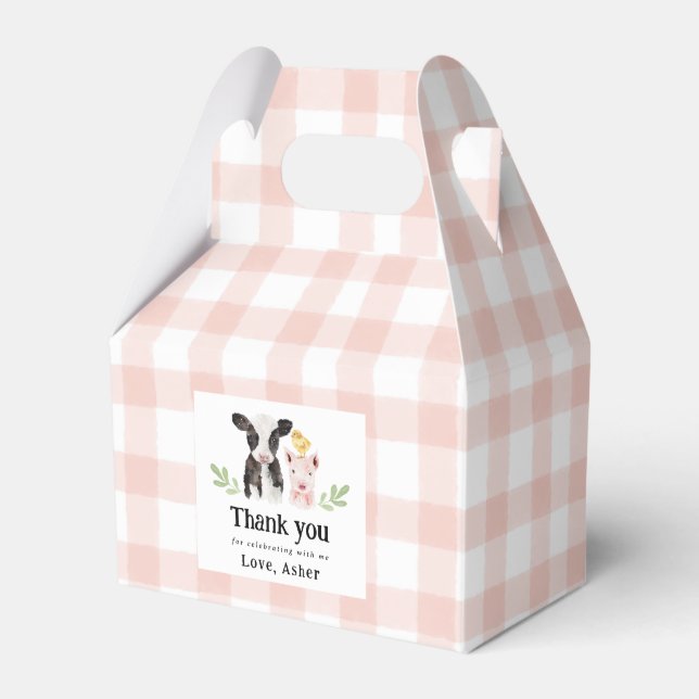 Baby Farm Animals Pink Gingham Favour Box (Front Side)