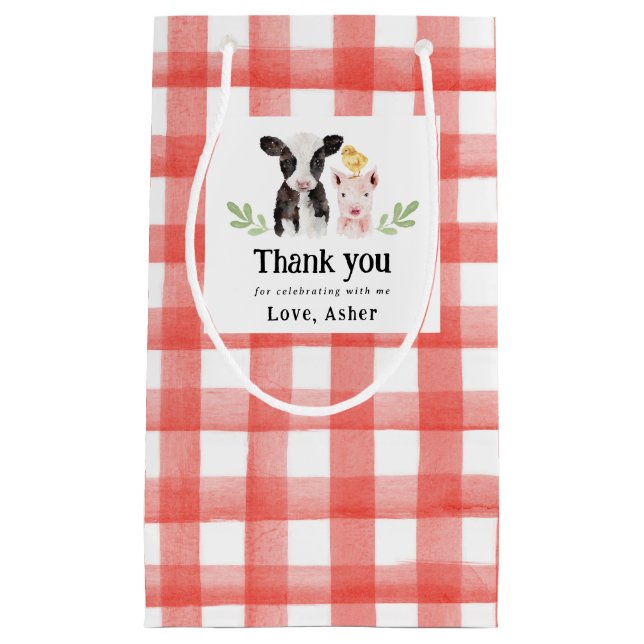 Baby Farm Animals Red Gingham Small Gift Bag (Front)