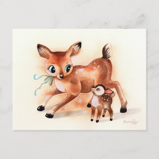 Baby Fawn and Mama Deer Cute Kitsch Postcard (Front)