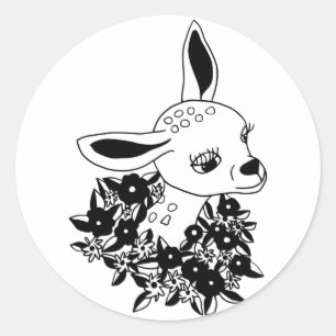 baby fawn doe deer flowers animal art drawing classic round sticker