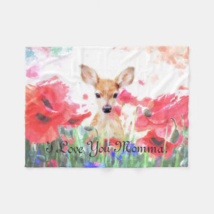 Baby fawn in a field of poppies personalised fleece blanket