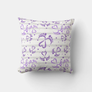 Baby Feet and Hearts in purple glitter Cushion