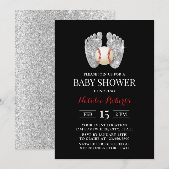 Baby Feet & Baseball Sport Baby Shower Invitation (Front/Back)