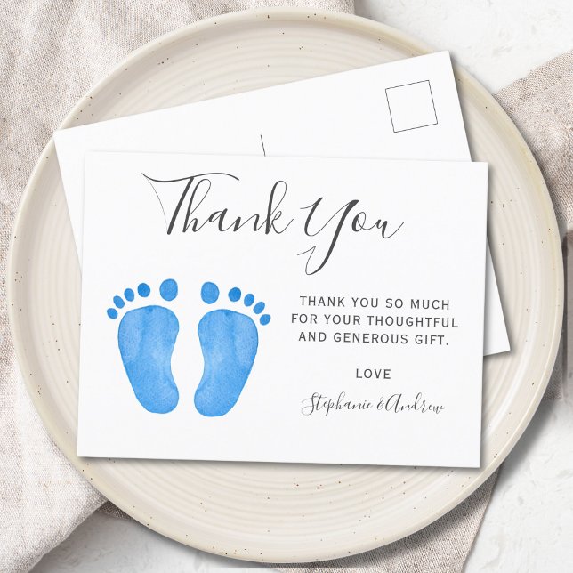 Baby Feet Blue Baby Shower Thank You Postcard (Creator Uploaded)