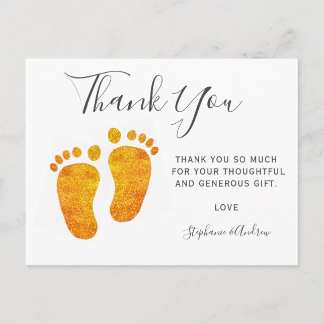 Baby Feet Gold Glitter Baby Shower Thank You   Invitation Postcard (Front)