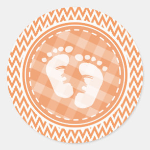 Baby Feet; Orange and White Chevron Classic Round Sticker