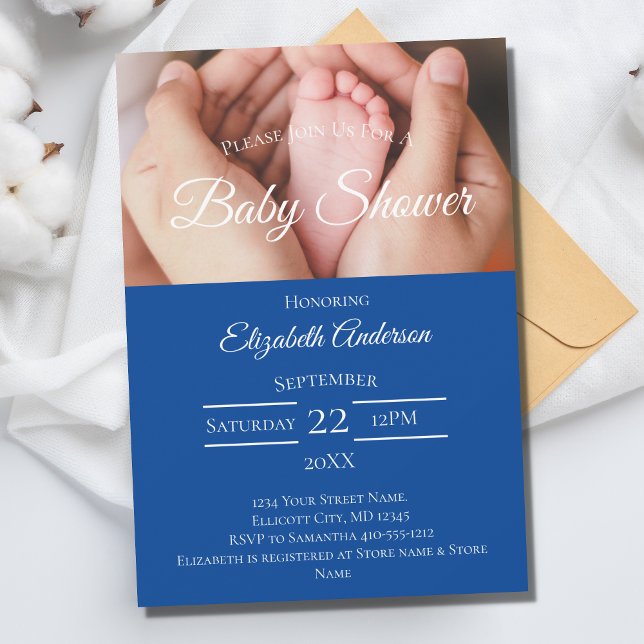 Baby Feet Photo Blue White Boy Baby Shower  Invitation (Creator Uploaded)