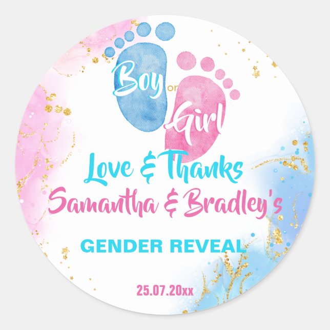 Baby feet pink blue gender reveal thank you favour classic round sticker (Front)