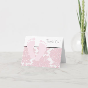 Baby Feet Pink Damask Baby Shower Thank You Cards